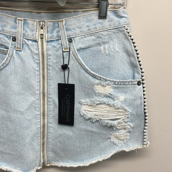 NWT Carmar Beatrice Pearl Side Trim Zip Front Distressed Denim Jean Skirt 28 - Picture 6 of 16